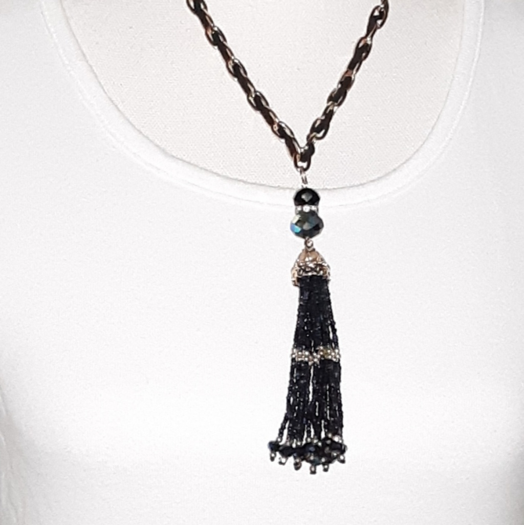 Gold Chain Necklace With Black Faux Leather.